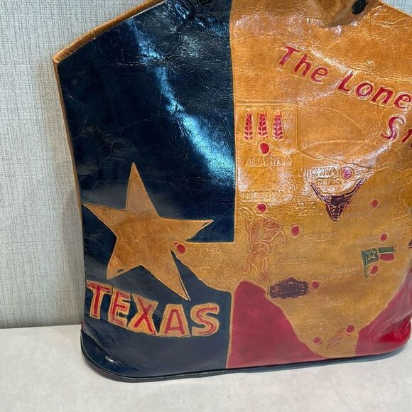 Vtg Texas Lone Star State Leather Handbag TX Flag Stamped Tooled Cities - Picture 3 of 10